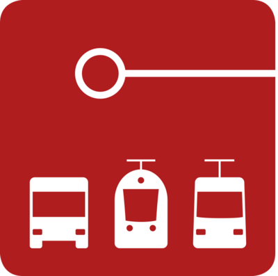 Abbildung der VBN FahrPlaner-App: Zeichnungen von Bus, Bahn und Zug auf rotem Hintergrund
